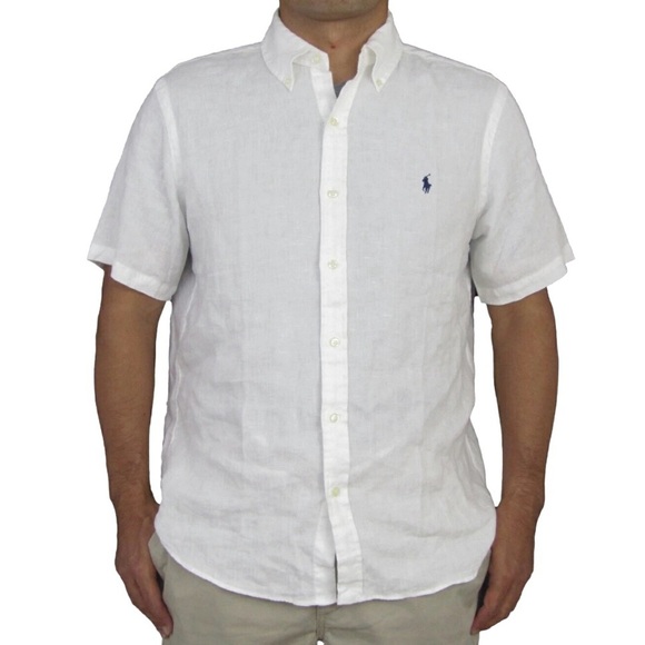 POLO RALPH LAUREN 100% LINEN BUTTON SHIRT SZ XLT WHITE SHORT SLEEVE NAVY PONY - Picture 1 of 13